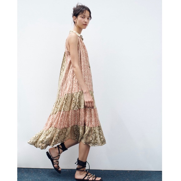 Zara Shiny Metallic Midi Dress in Red and Green Print Size Small - Picture 4 of 12